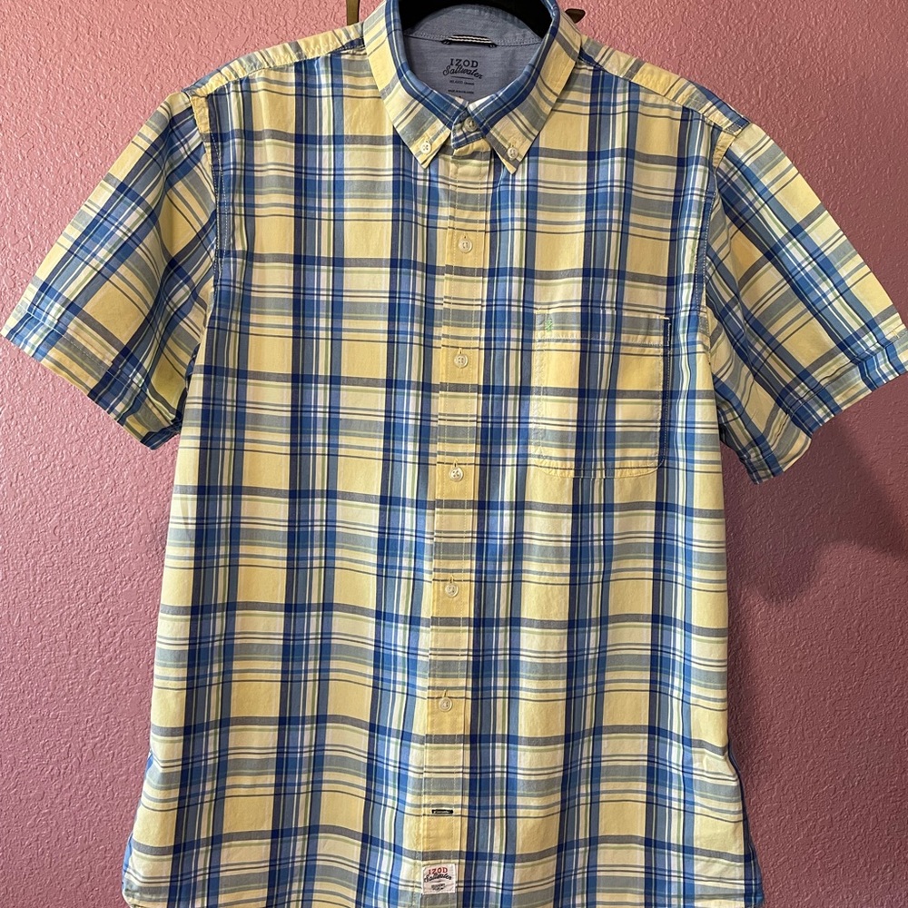 Yellow/Blue plaid short sleeve Men’s button up